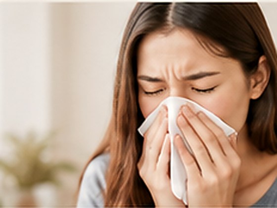 A woman with allergy symptoms holding a tissue