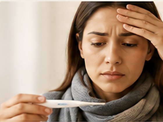 A woman checking her temperature with a thermometer